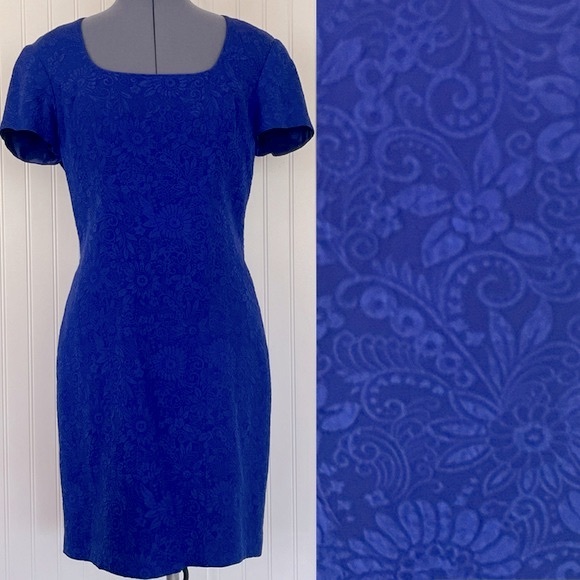 Vintage Royal Blue Silk Mini Dress Scoop Neck Floral Brocade Textured Size 10 - Picture 1 of 12